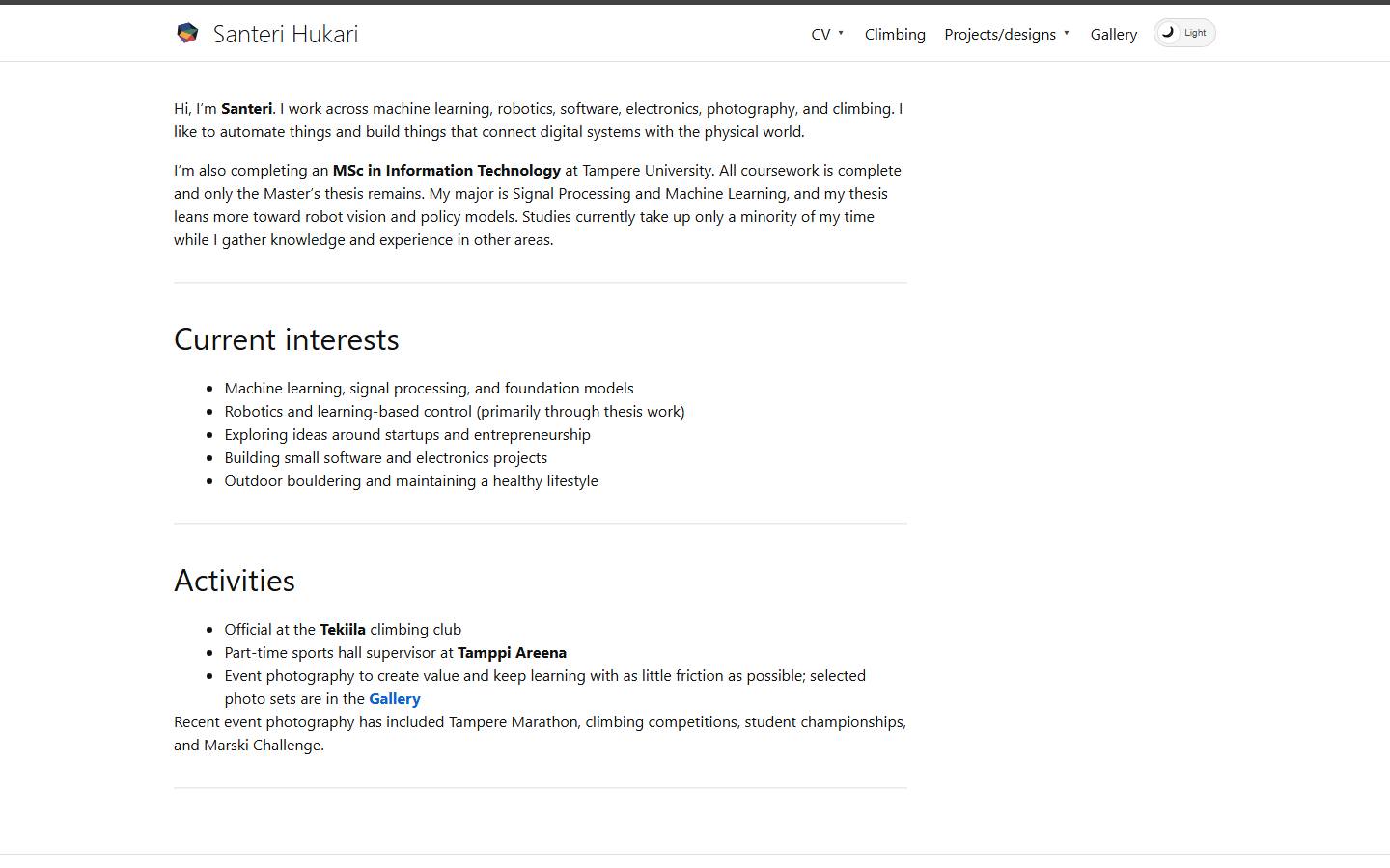 Santeri Hukari personal website shown in a desktop browser