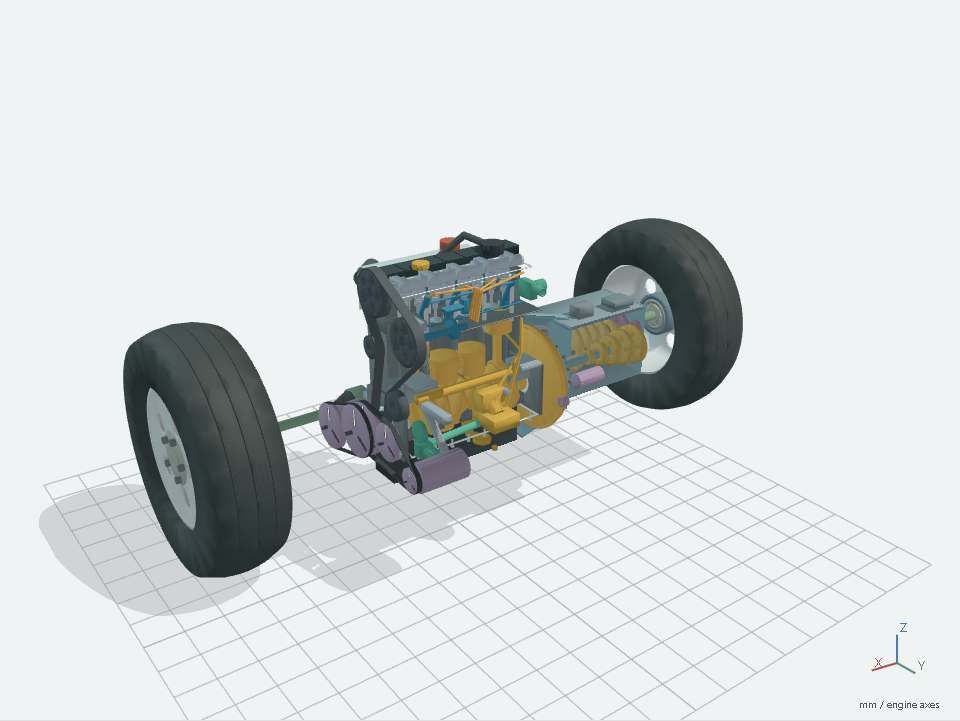 Colored T4 engine and front-wheel-drive reference with cutaway housings